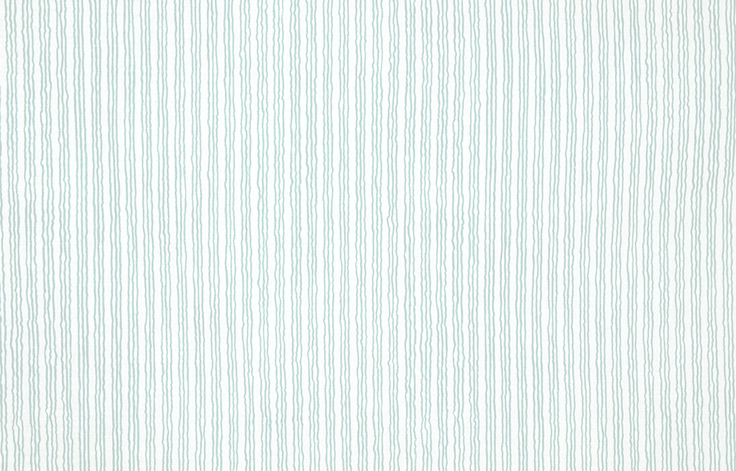 Detail of fabric in a wiggly stripe print in light turquoise on a white field.