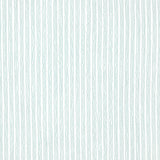 Detail of fabric in a wiggly stripe print in light turquoise on a white field.