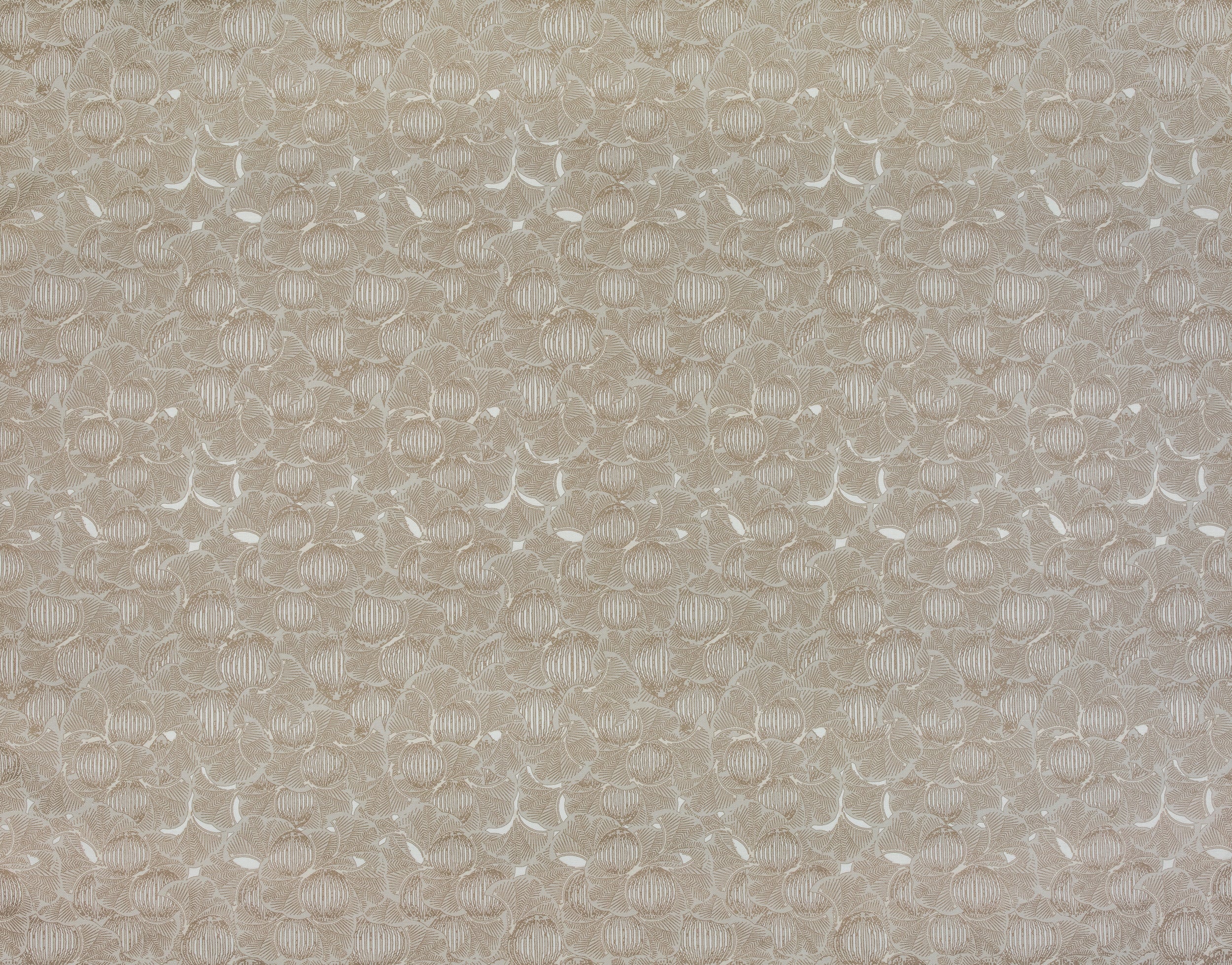 Detail of fabric in a dense petal print in shades of tan on a white field.