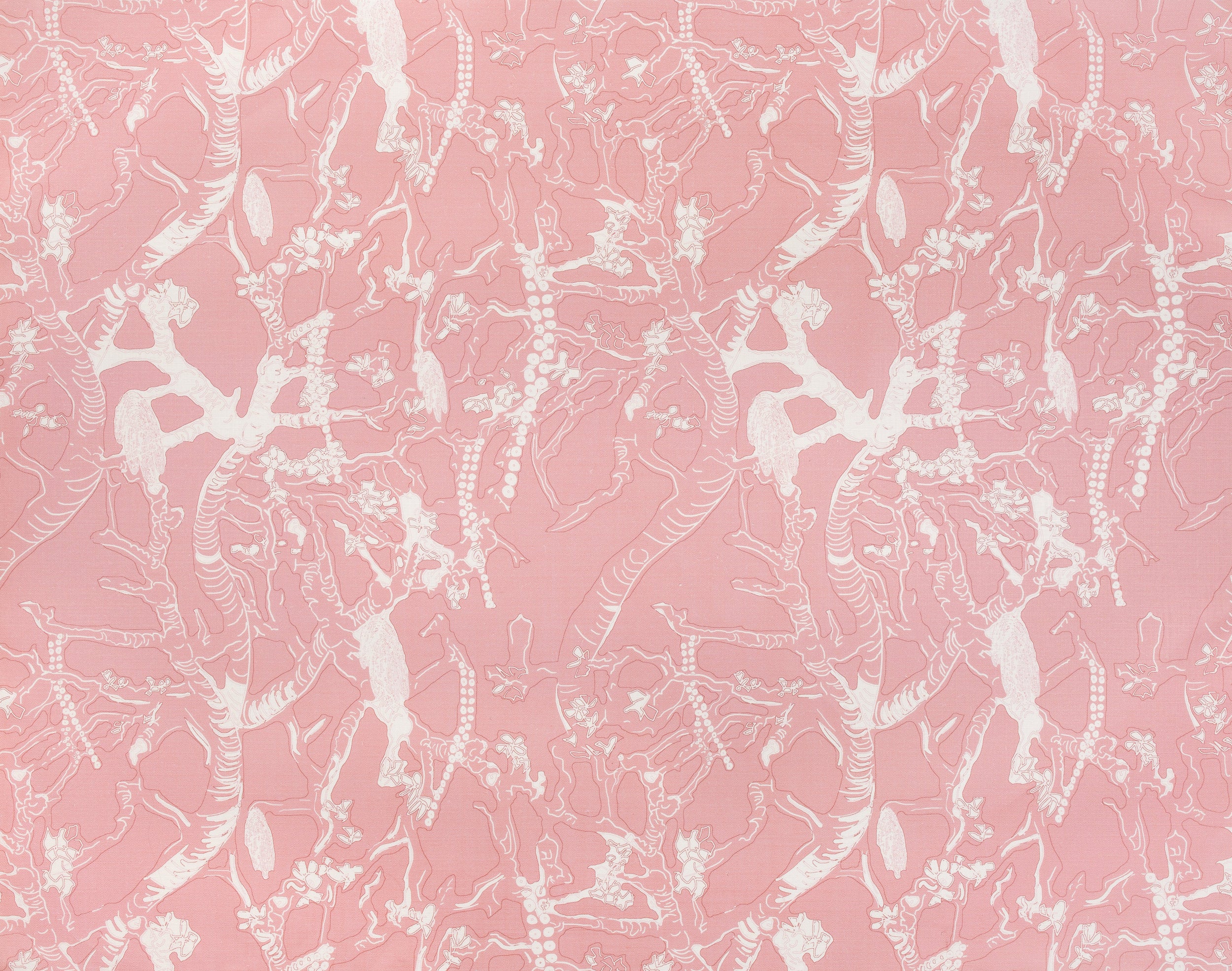 Detail of fabric in a branch and blossom print in cream and pink on a pink field.