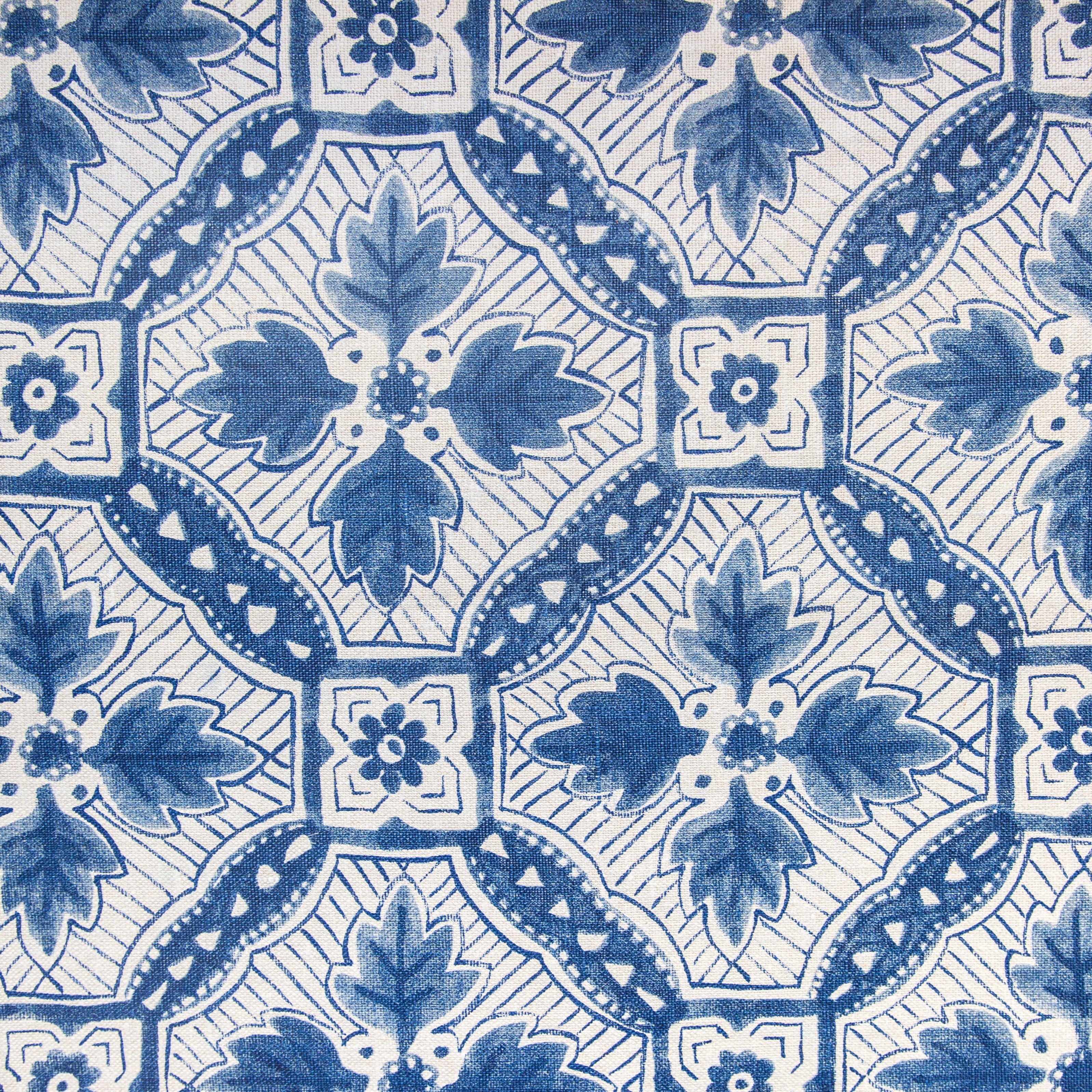 Detail of fabric in a painterly botanical grid in shades of navy on a cream field.