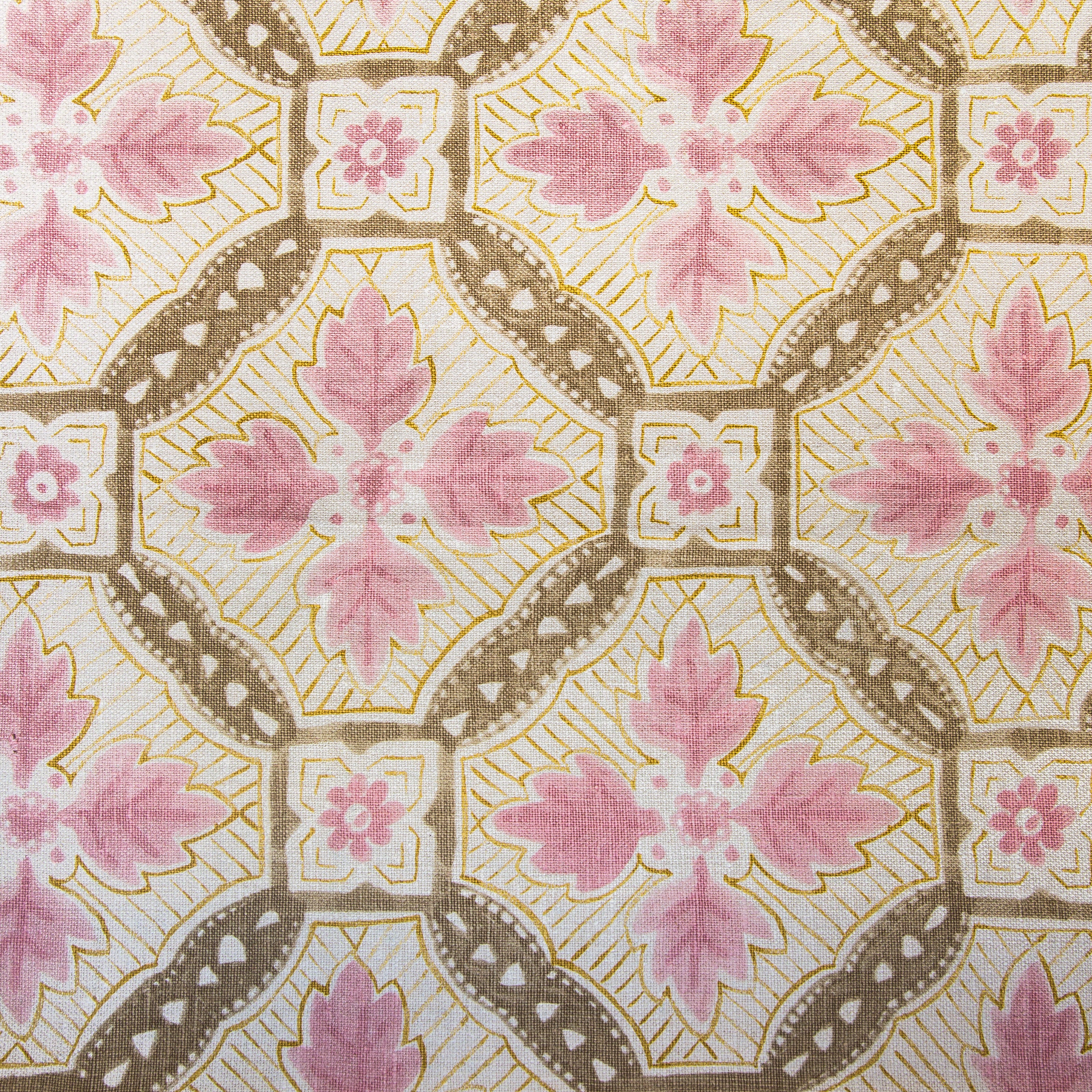 Detail of fabric in a painterly botanical grid in shades of pink, yellow and brown on a cream field.