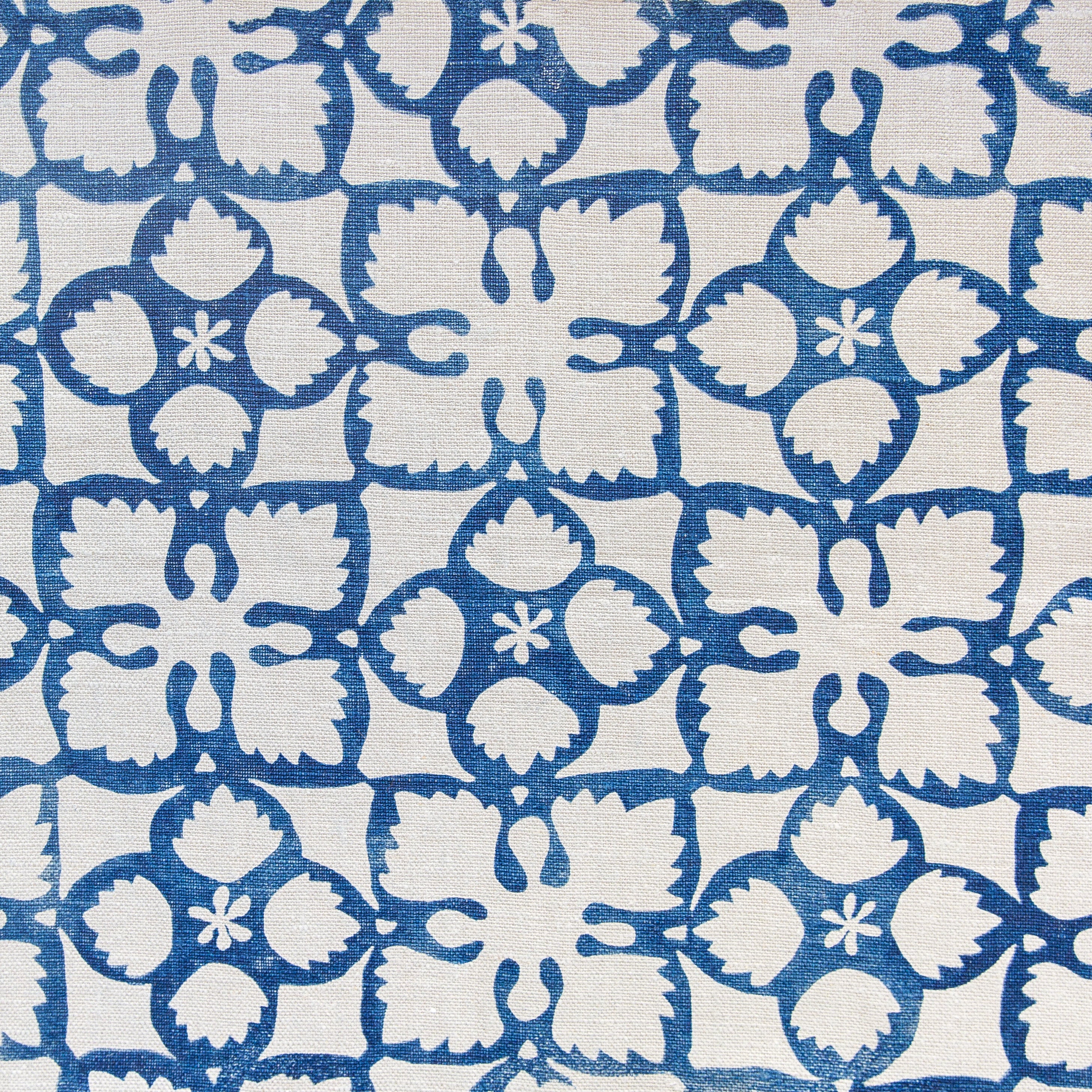 Detail of fabric in a botanical lattice print in navy on a cream field.