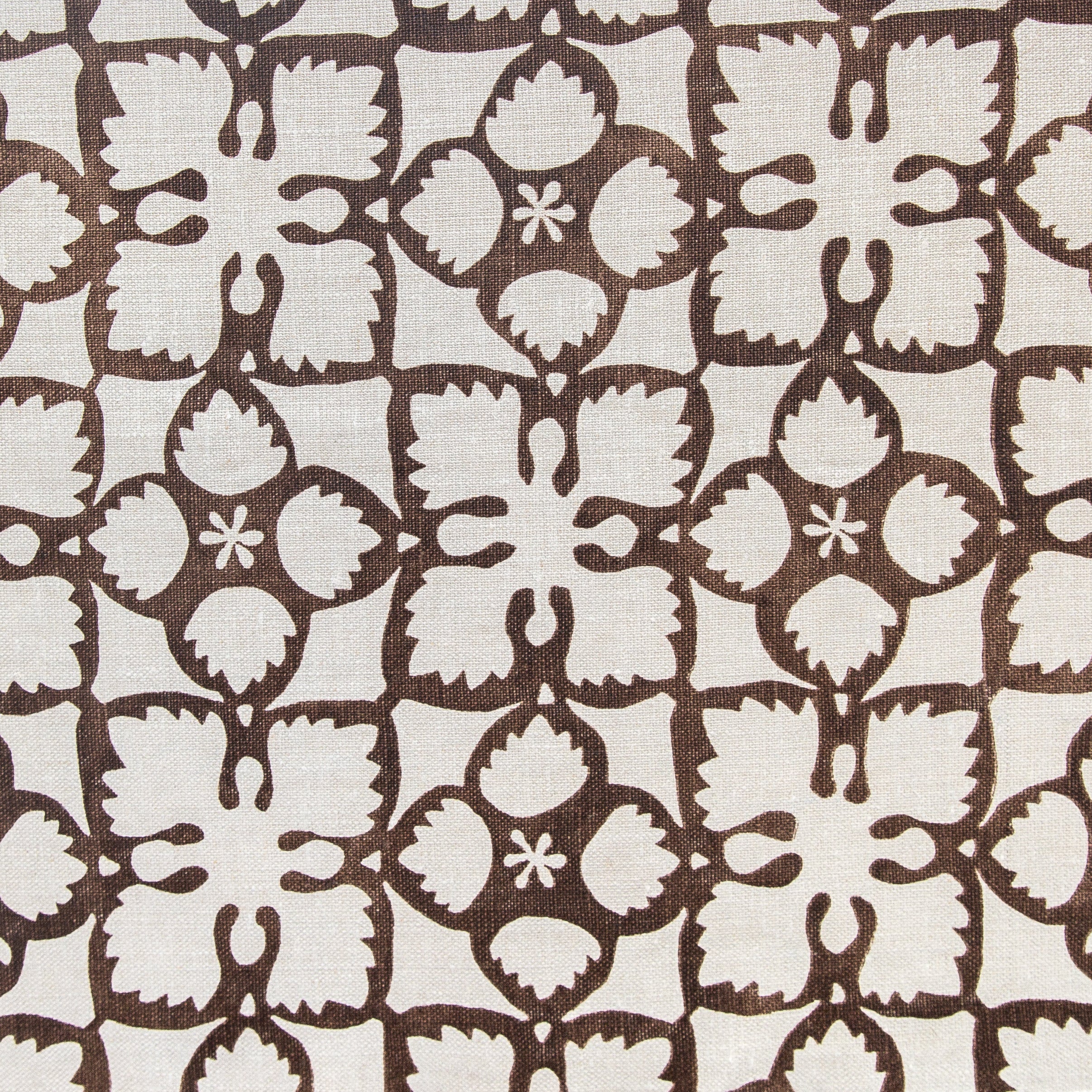 Detail of fabric in a botanical lattice print in brown on a cream field.