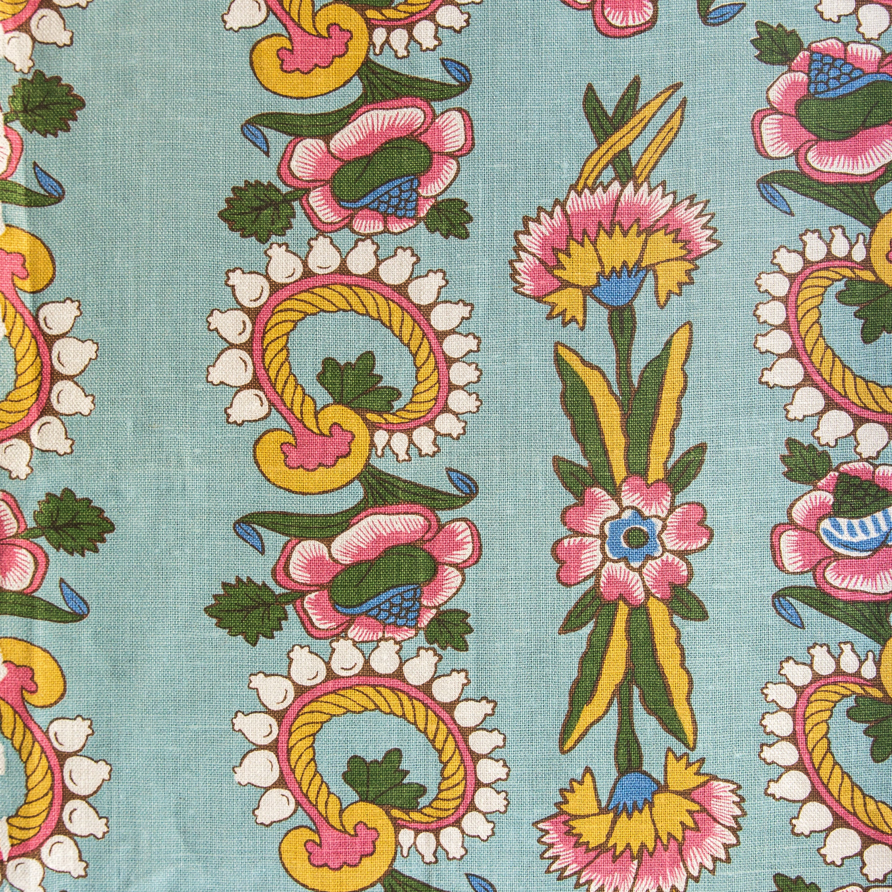 Detail of fabric in a dense floral stripe in pink, yellow and green on a teal field.