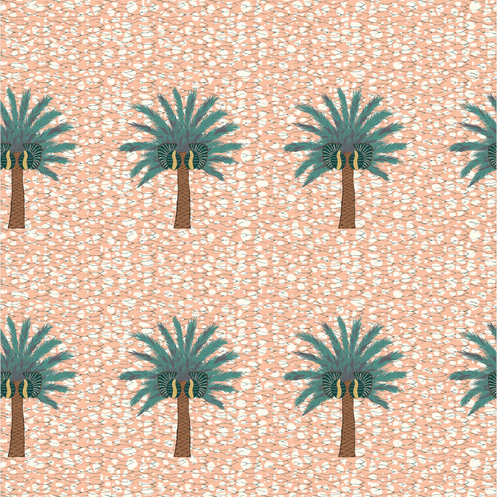 Detail of wallpaper in a repeating palm tree print on a mottled field in shades of turquoise, brown, pink and white.