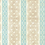 Detail of fabric in a geometric stripe print in blue and tan on a mottled cream field.