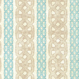 Detail of fabric in a geometric stripe print in blue and tan on a mottled cream field.