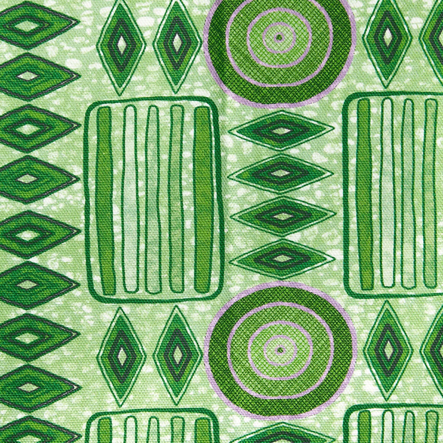 Detail of fabric in a playful geometric stripe print in shades of green with purple accents.
