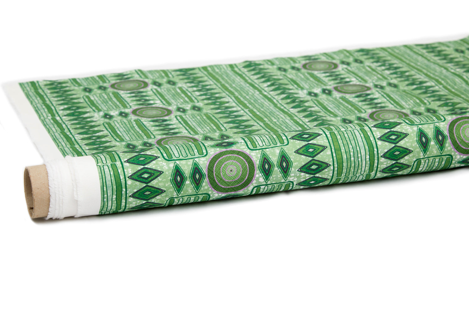 Partially unrolled fabric in a playful geometric stripe print in shades of green with purple accents.