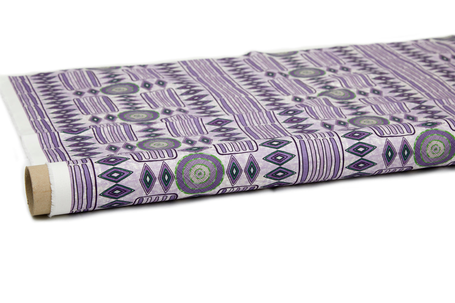 Partially unrolled fabric in a playful geometric stripe print in shades of purple with green accents.