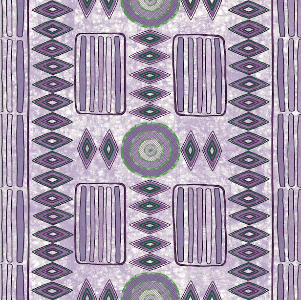 Detail of wallpaper in a playful geometric stripe print in shades of purple with green accents.