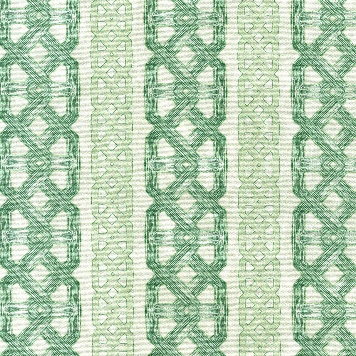 Detail of fabric in a geometric stripe print in shades of green on a mottled field.