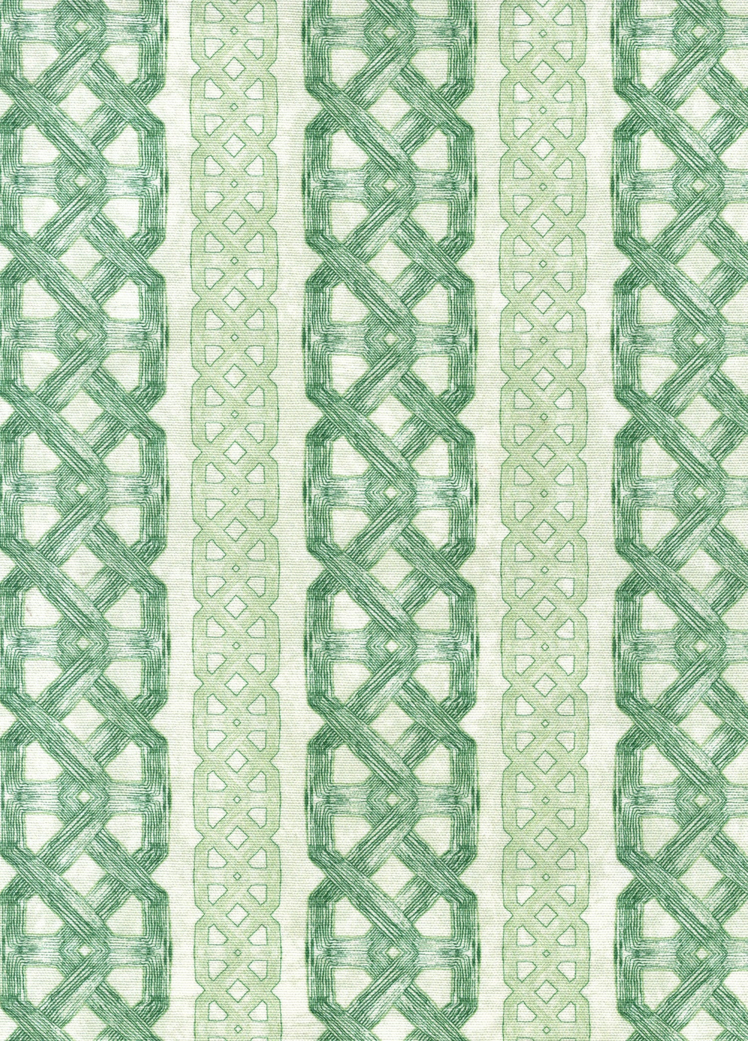 Detail of fabric in a geometric stripe print in shades of green on a mottled field.