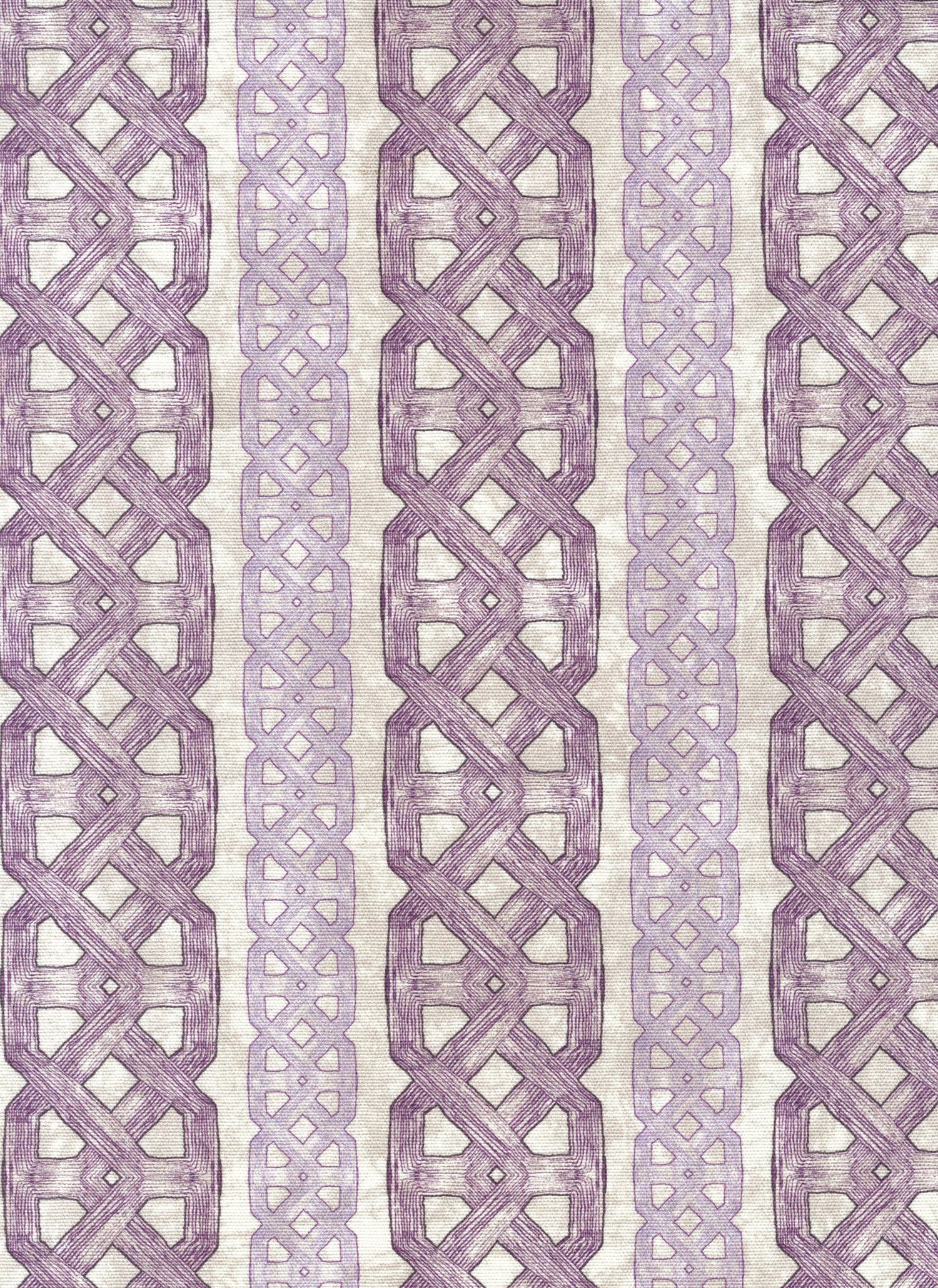 Detail of fabric in a geometric stripe print in shades of purple on a mottled tan field.