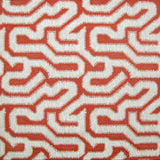 Detail of wallpaper in a playful meandering print in cream on a red field.