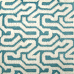 Detail of wallpaper in a playful meandering print in cream on a turquoise field.