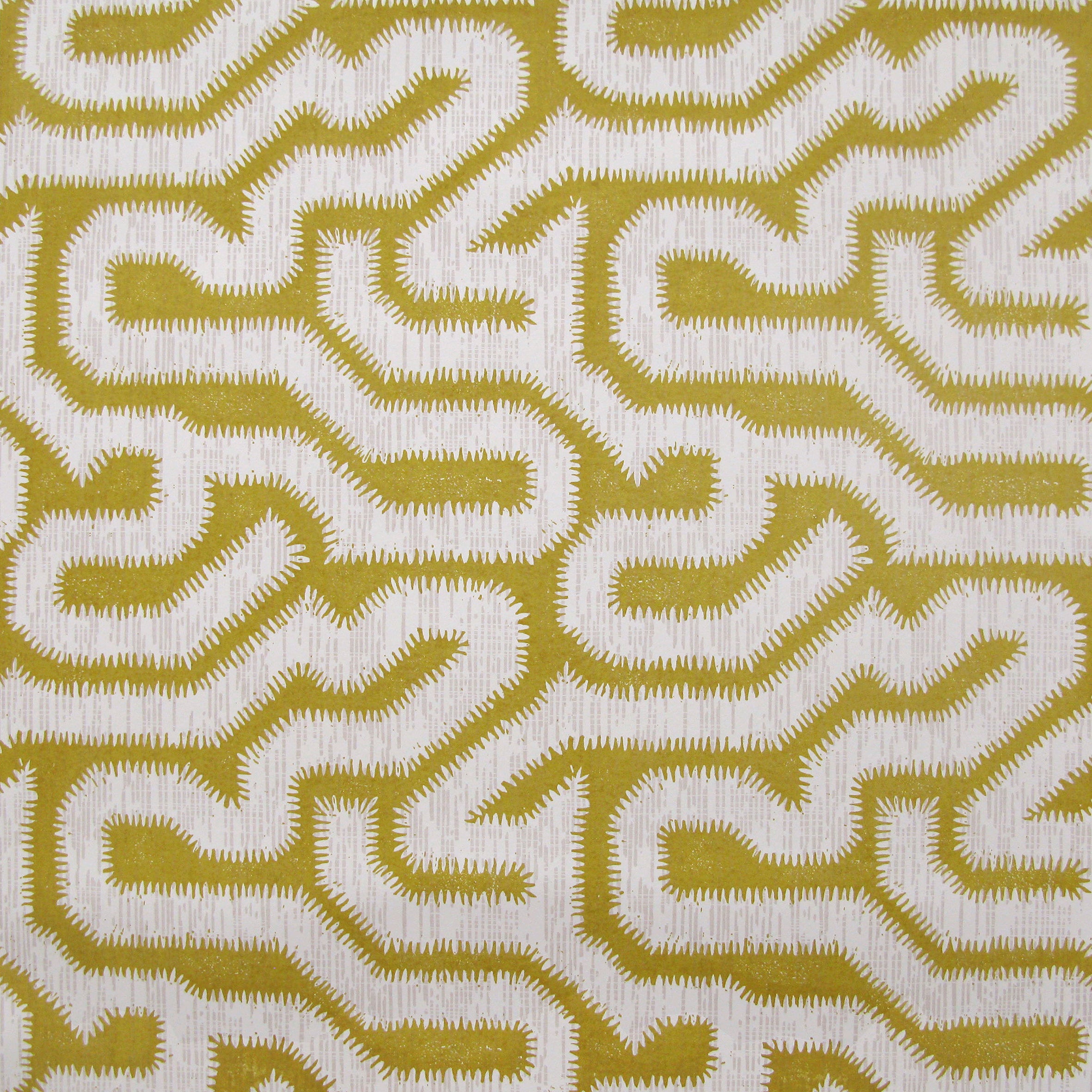 Detail of wallpaper in a playful meandering print in white on a mustard field.