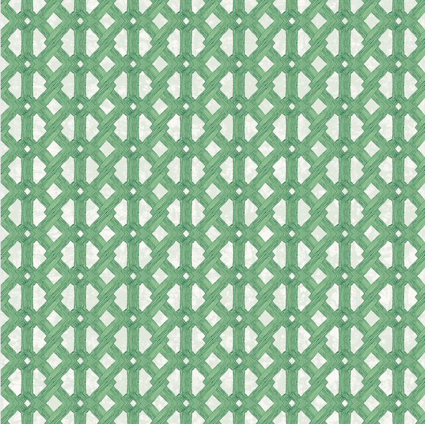 Detail of wallpaper in an intricate lattice print in green on a cream field.
