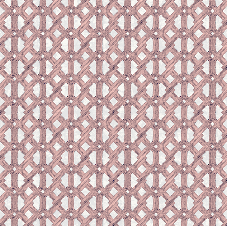 Detail of wallpaper in an intricate lattice print in pink on a cream field.