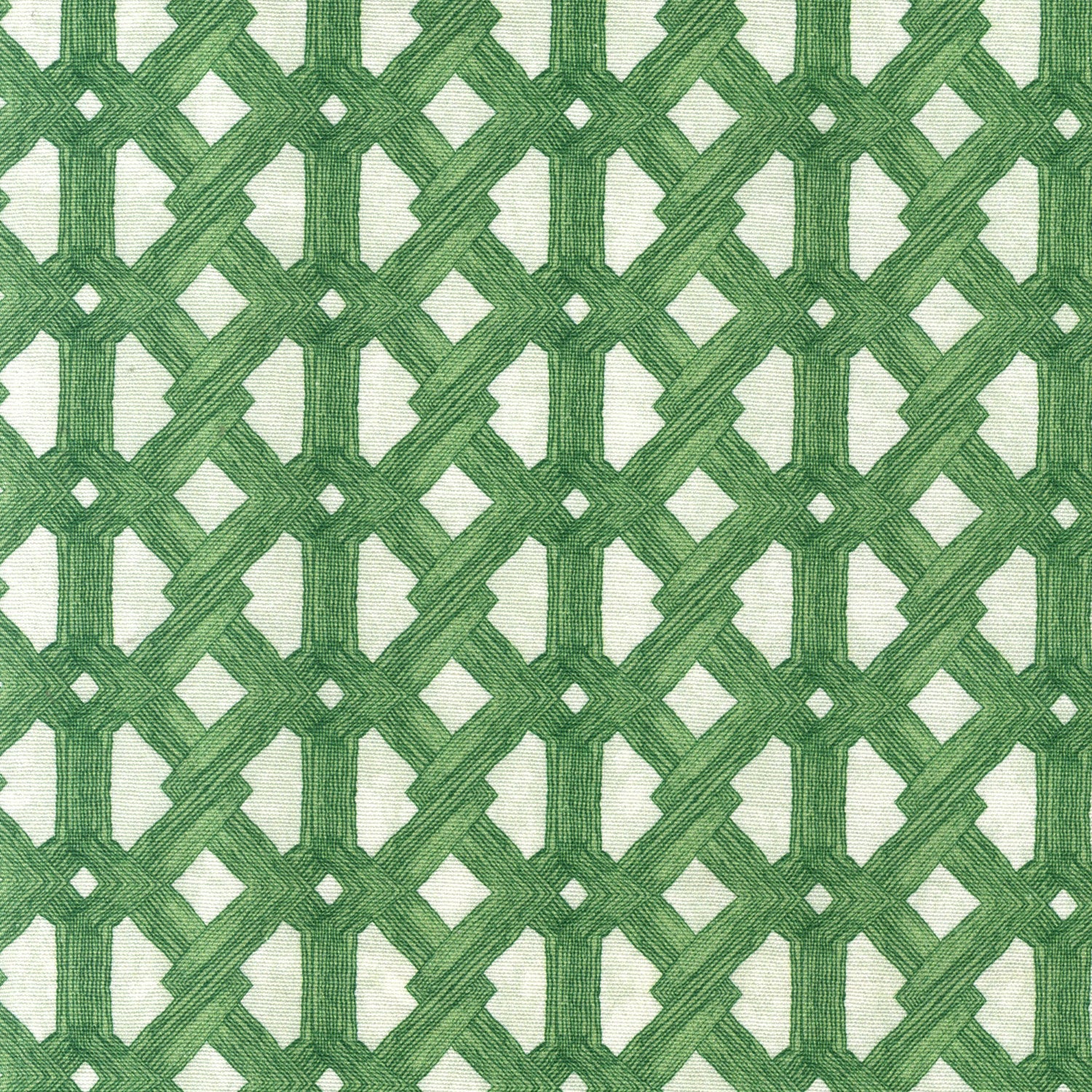 Detail of fabric in an intricate lattice print in green on a light green field.
