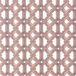 Detail of fabric in an intricate lattice print in light pink on a cream field.