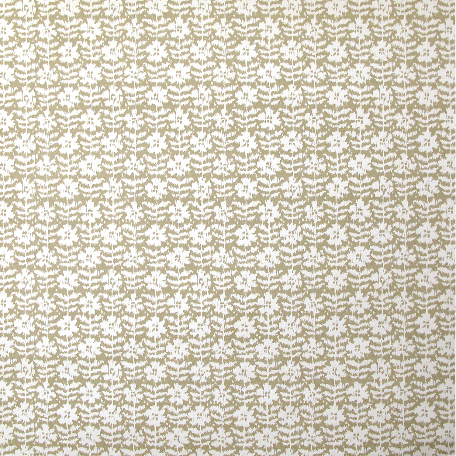 Detail of wallpaper in a floral grid print in white on a tan field.
