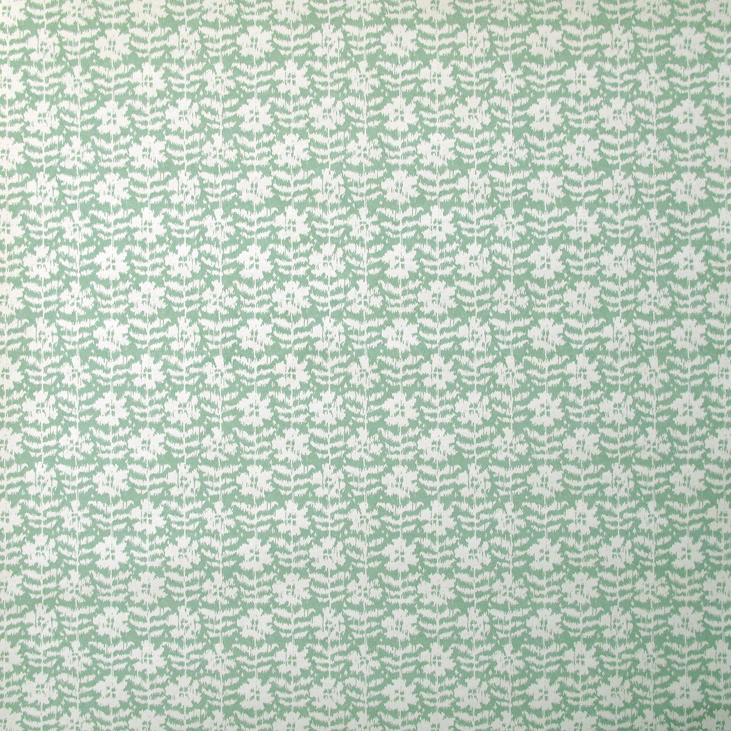 Detail of wallpaper in a floral grid print in white on a blue-green field.