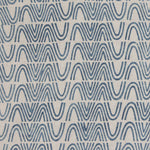 Detail of fabric in an abstract curvilinear stripe in blue on a tan field.