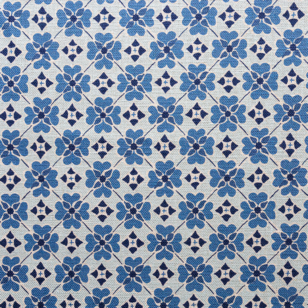 Detail of fabric in a floral lattice print in blue, navy and white.