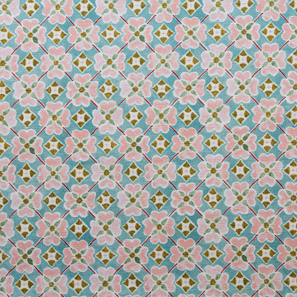 Detail of fabric in a floral lattice print in pink, teal, brown and white.