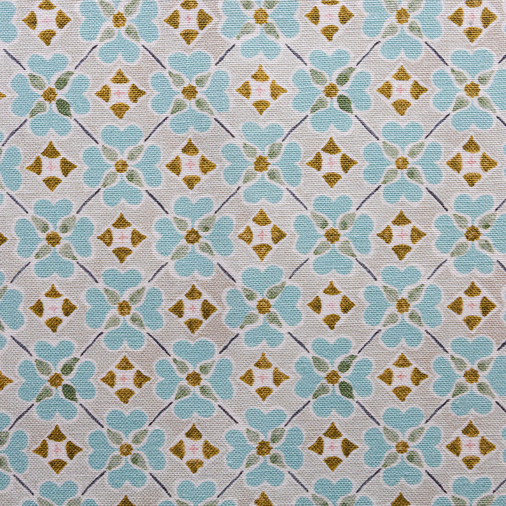 Detail of fabric in a floral lattice print in blue, tan, brown and white.
