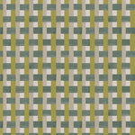 Detail of fabric in an interlocking checked pattern in shades of tan, lime and green.