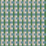 Detail of fabric in an interlocking checked pattern in shades of tan, blue and green.