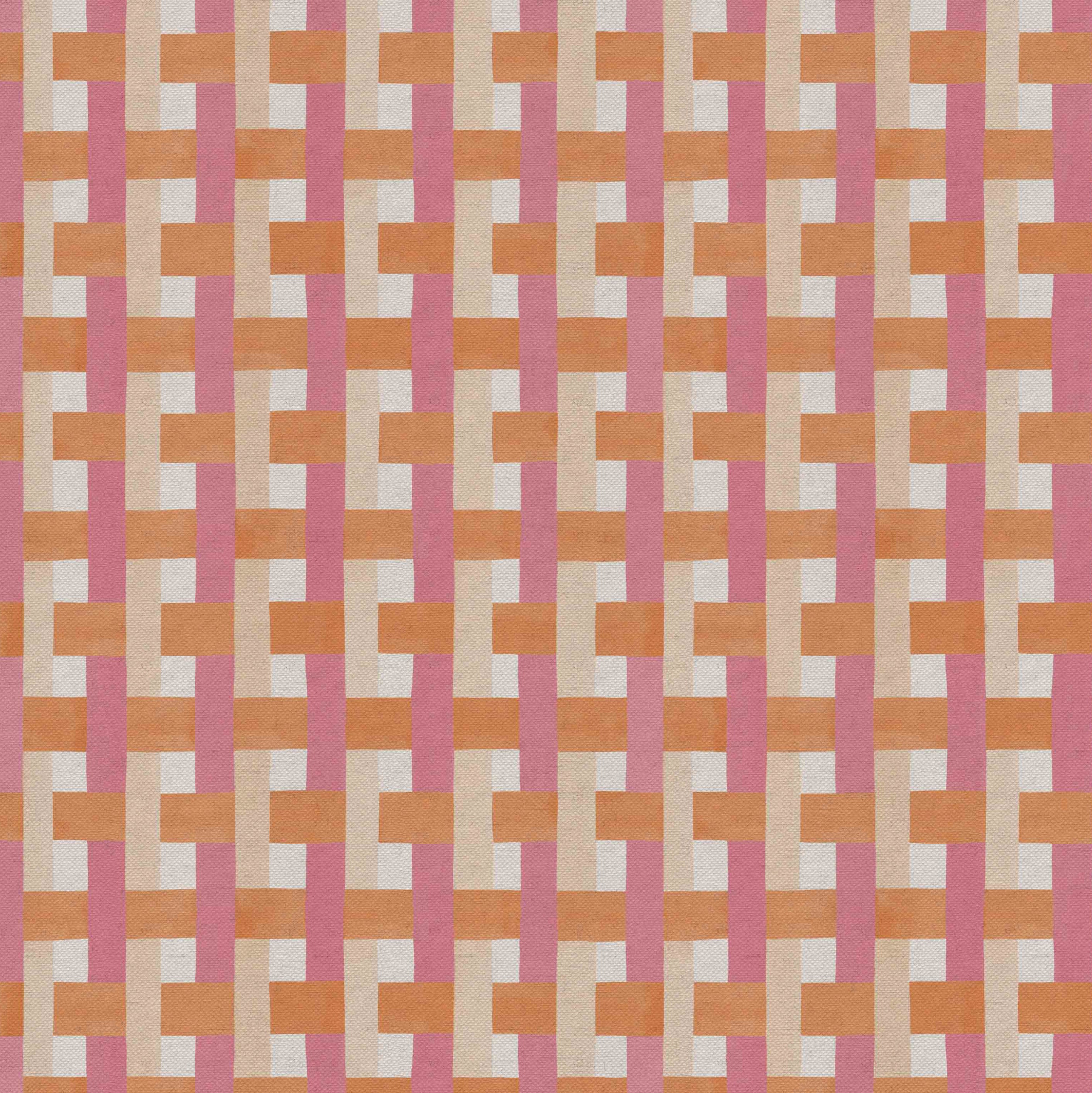 Detail of fabric in an interlocking checked pattern in shades of tan, pink and orange.