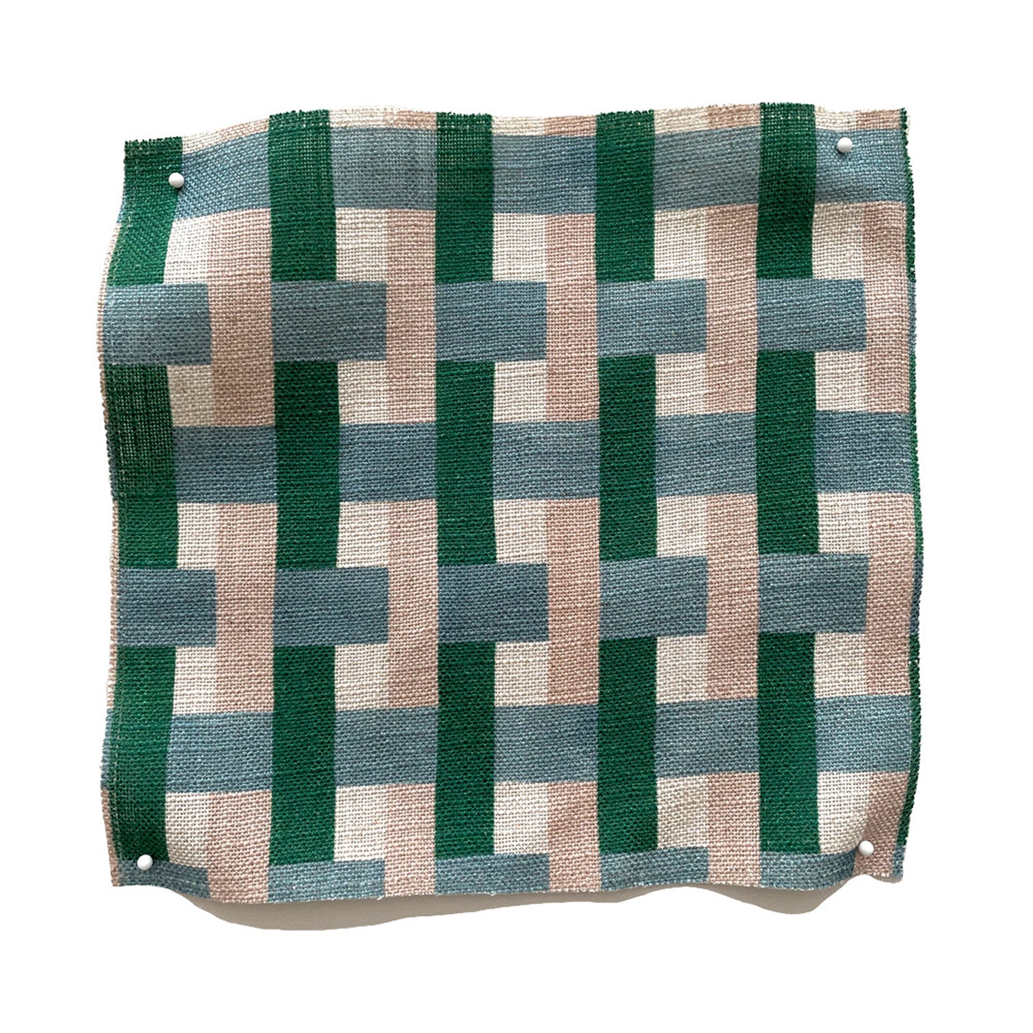 Square fabric swatch in an interlocking checked pattern in shades of blue, green and pink.