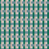 Detail of fabric in an interlocking checked pattern in shades of blue, green and pink.