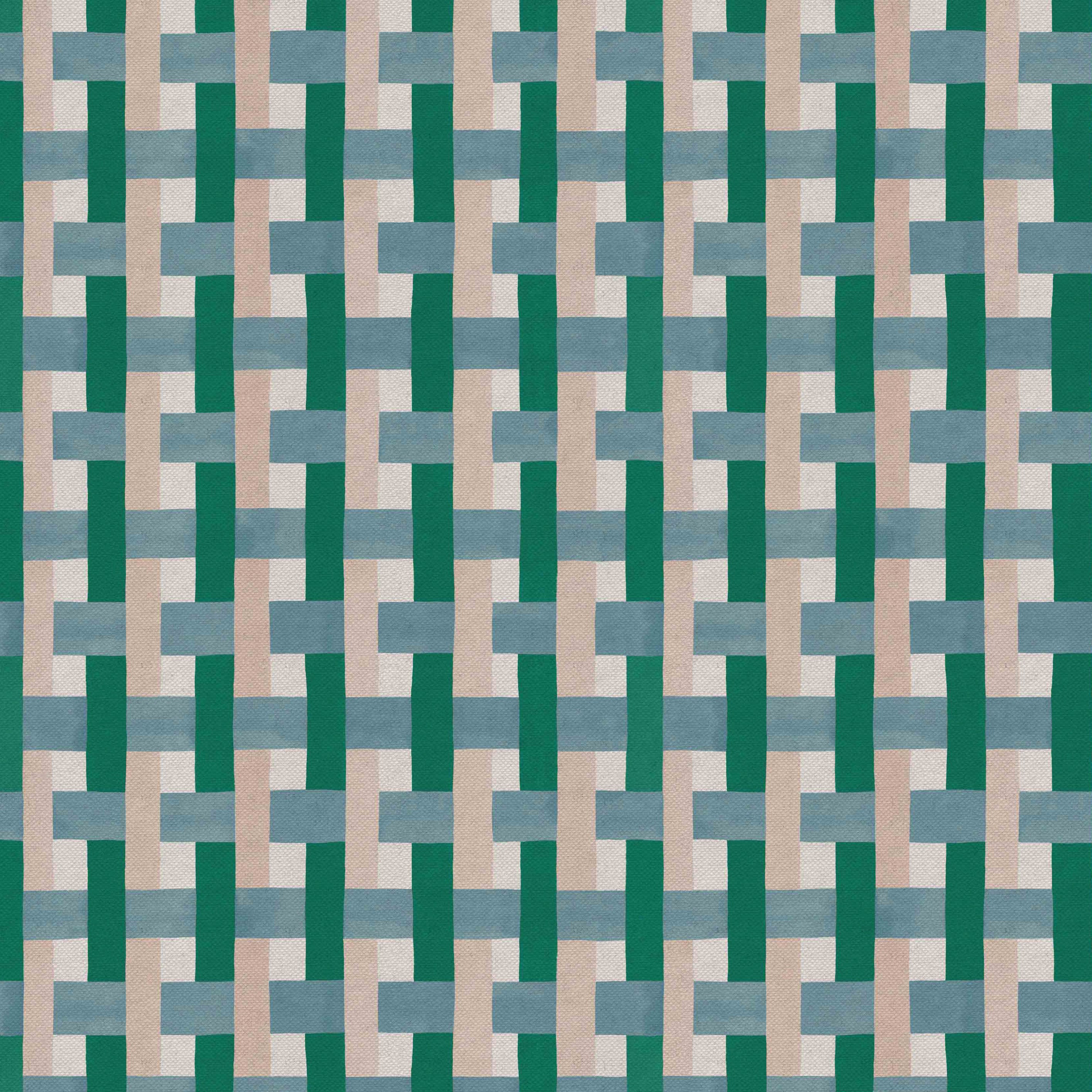 Detail of fabric in an interlocking checked pattern in shades of blue, green and pink.