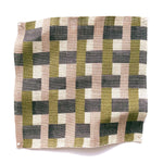 Square fabric swatch in an interlocking checked pattern in shades of pink, purple and sage.