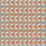 Detail of fabric in an interlocking checked pattern in shades of tan, orange and blue.