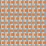 Detail of fabric in an interlocking checked pattern in shades of tan, orange and blue.