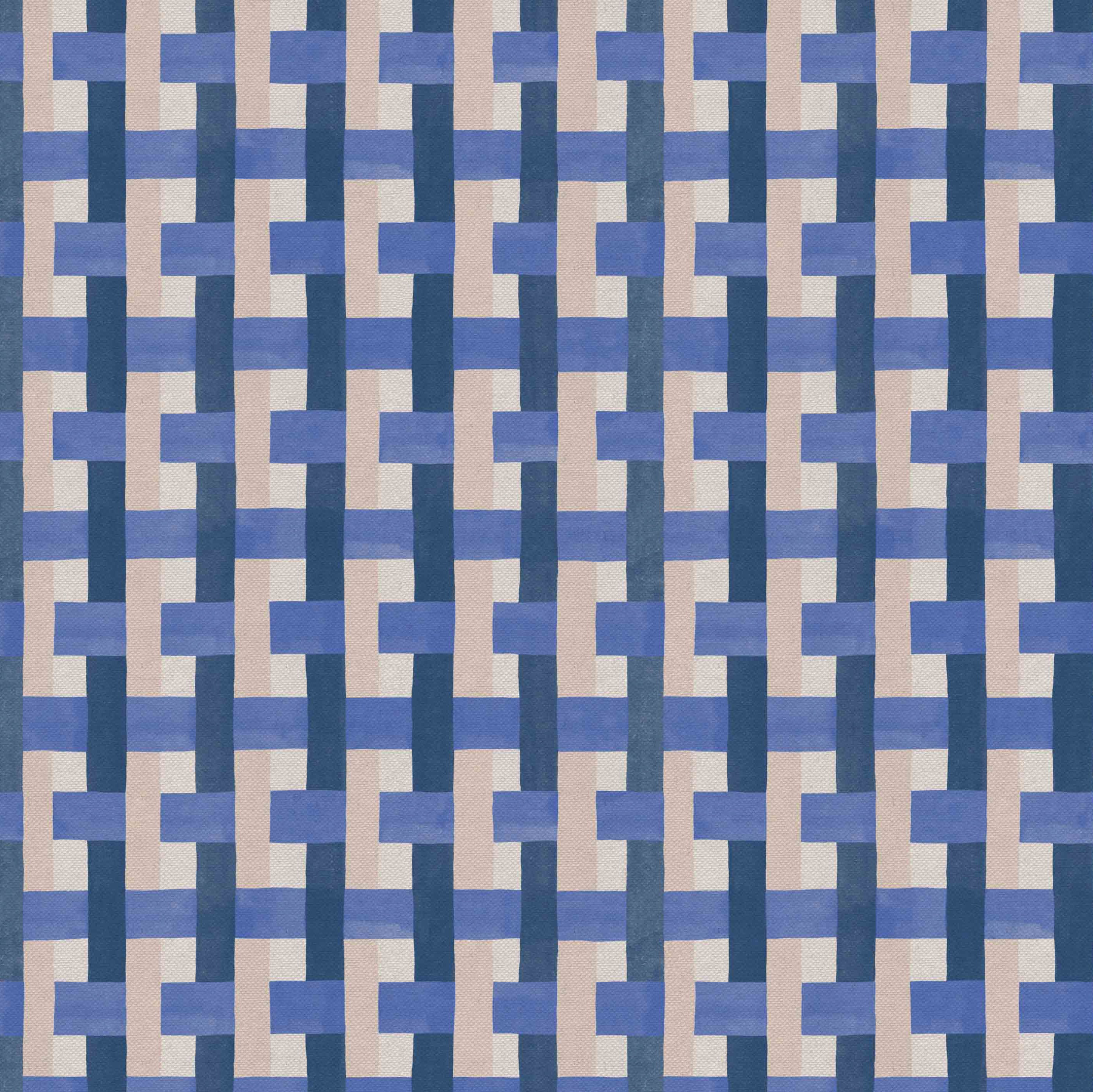 Detail of fabric in an interlocking checked pattern in shades of tan, blue and navy.