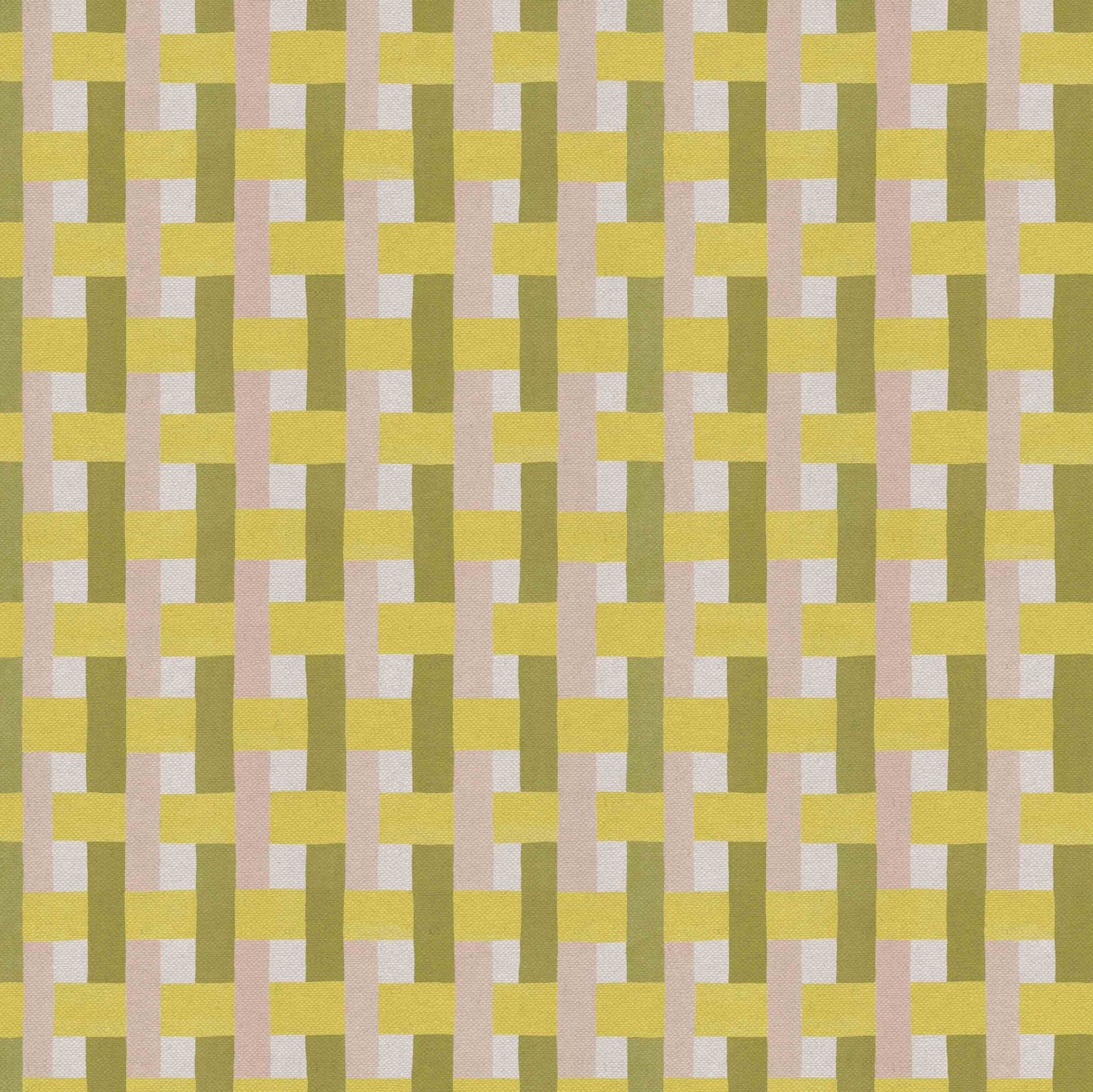 Detail of fabric in an interlocking checked pattern in shades of pink, yellow and sage.