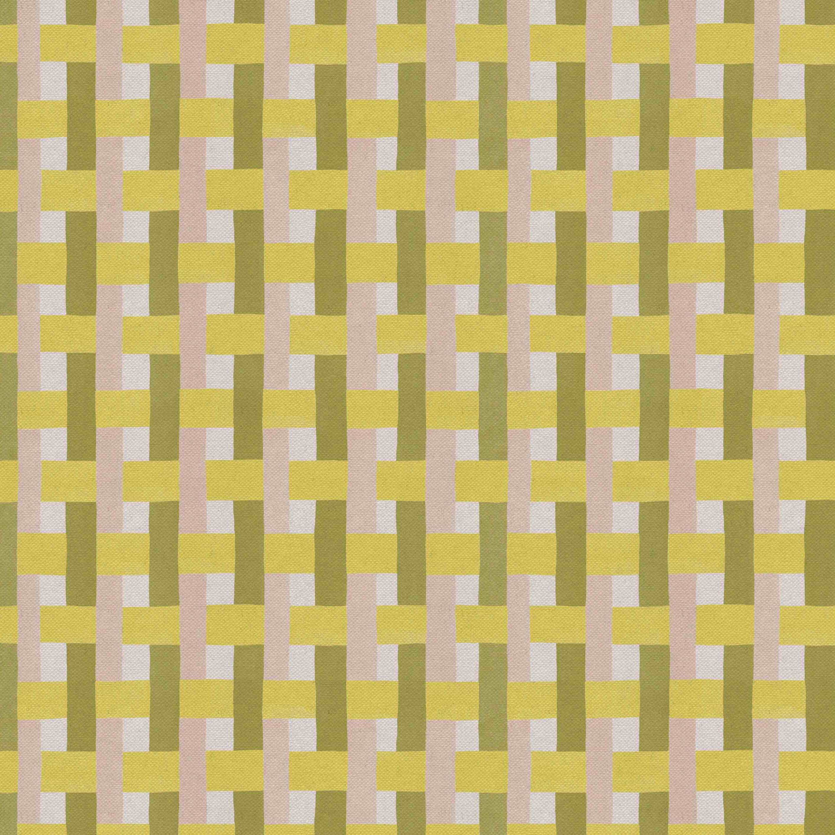 Detail of fabric in an interlocking checked pattern in shades of pink, yellow and sage.