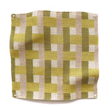 Square fabric swatch in an interlocking checked pattern in shades of pink, yellow and sage.