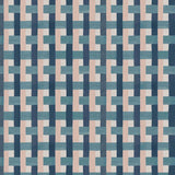 Detail of fabric in an interlocking checked pattern in shades of pink, blue and navy.