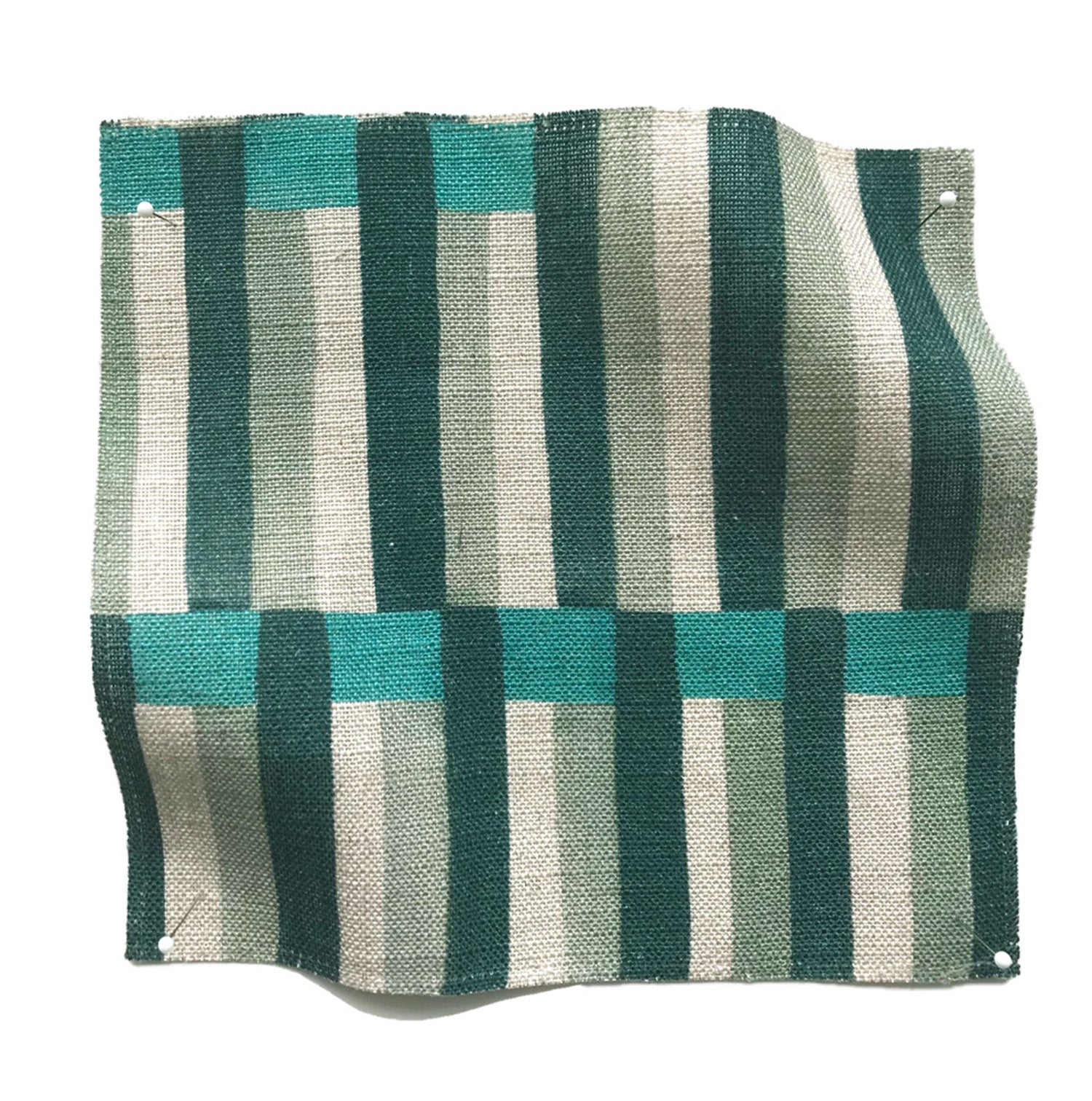 Square fabric swatch in an interlocking striped pattern in shades of turquoise, green and cream.