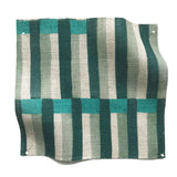Square fabric swatch in an interlocking striped pattern in shades of turquoise, green and cream.