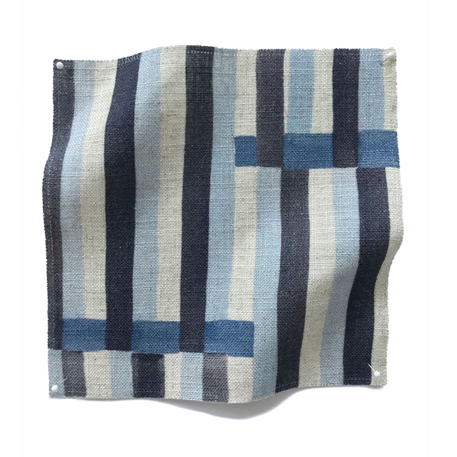 Square fabric swatch in an interlocking striped pattern in shades of blue, navy and cream.