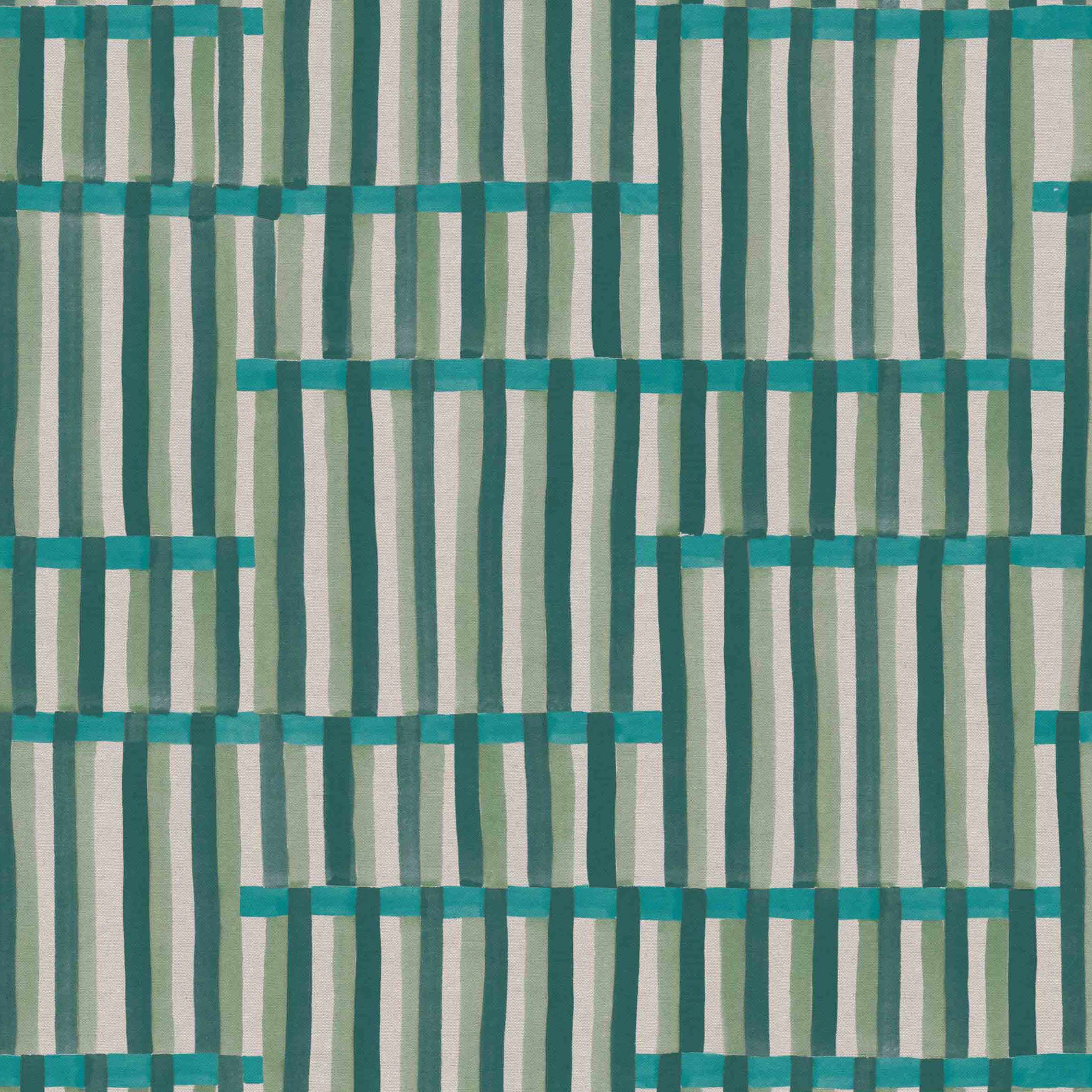 Detail of fabric in an interlocking striped pattern in shades of turquoise, green and cream.